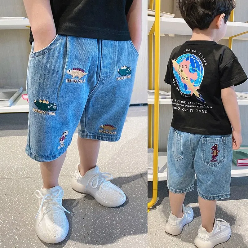 Blue Denim Elastic Waist Shorts for Boys