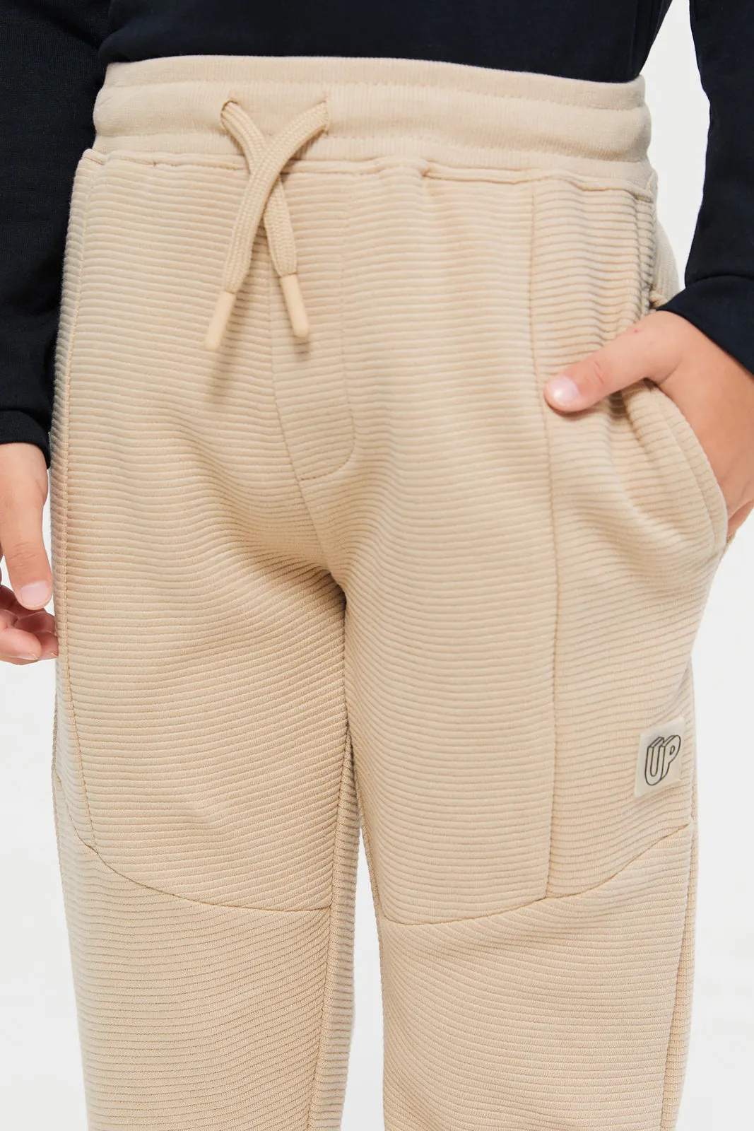 Boys Beige Ribbed Track Pants