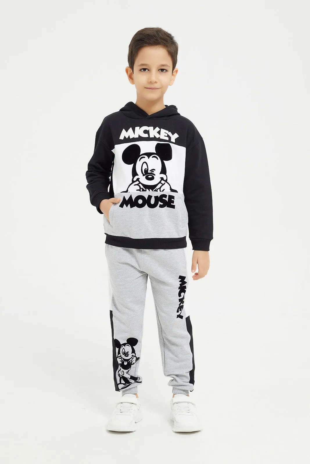 Boys Black And Grey Micky Mouse Jogger Suit Set (2 Piece)