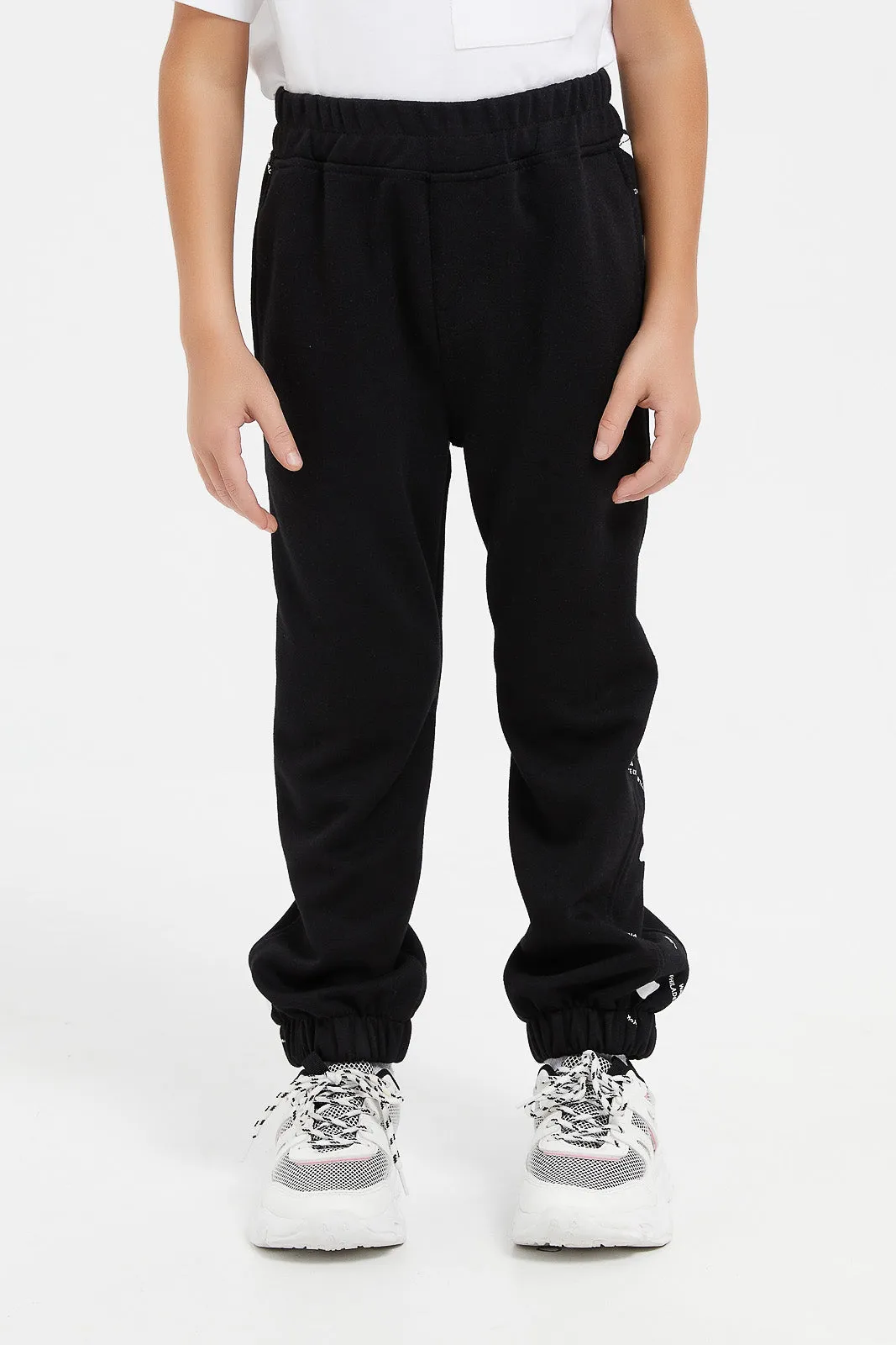 Boys Black Print Paneled Jogger Pant