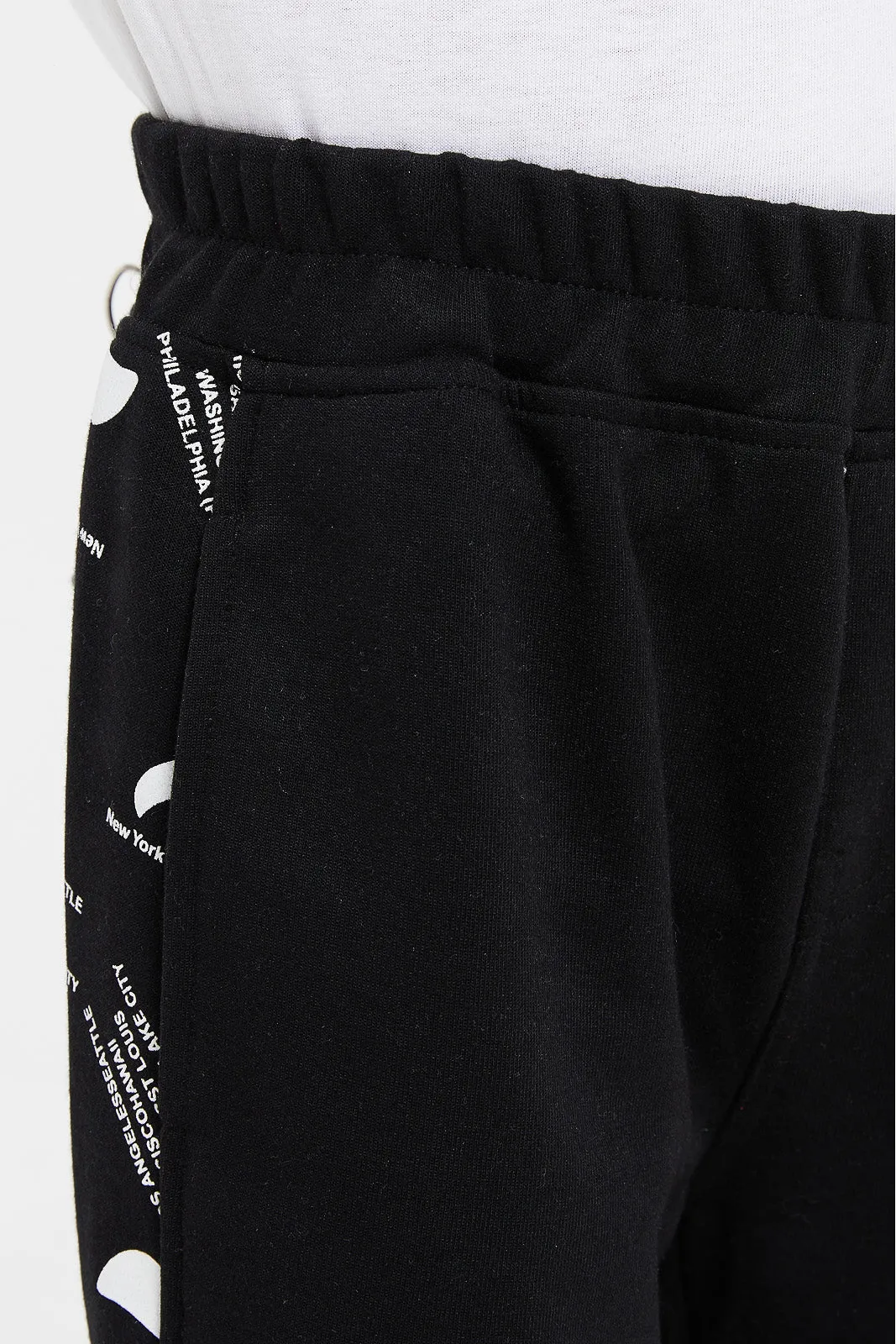 Boys Black Print Paneled Jogger Pant