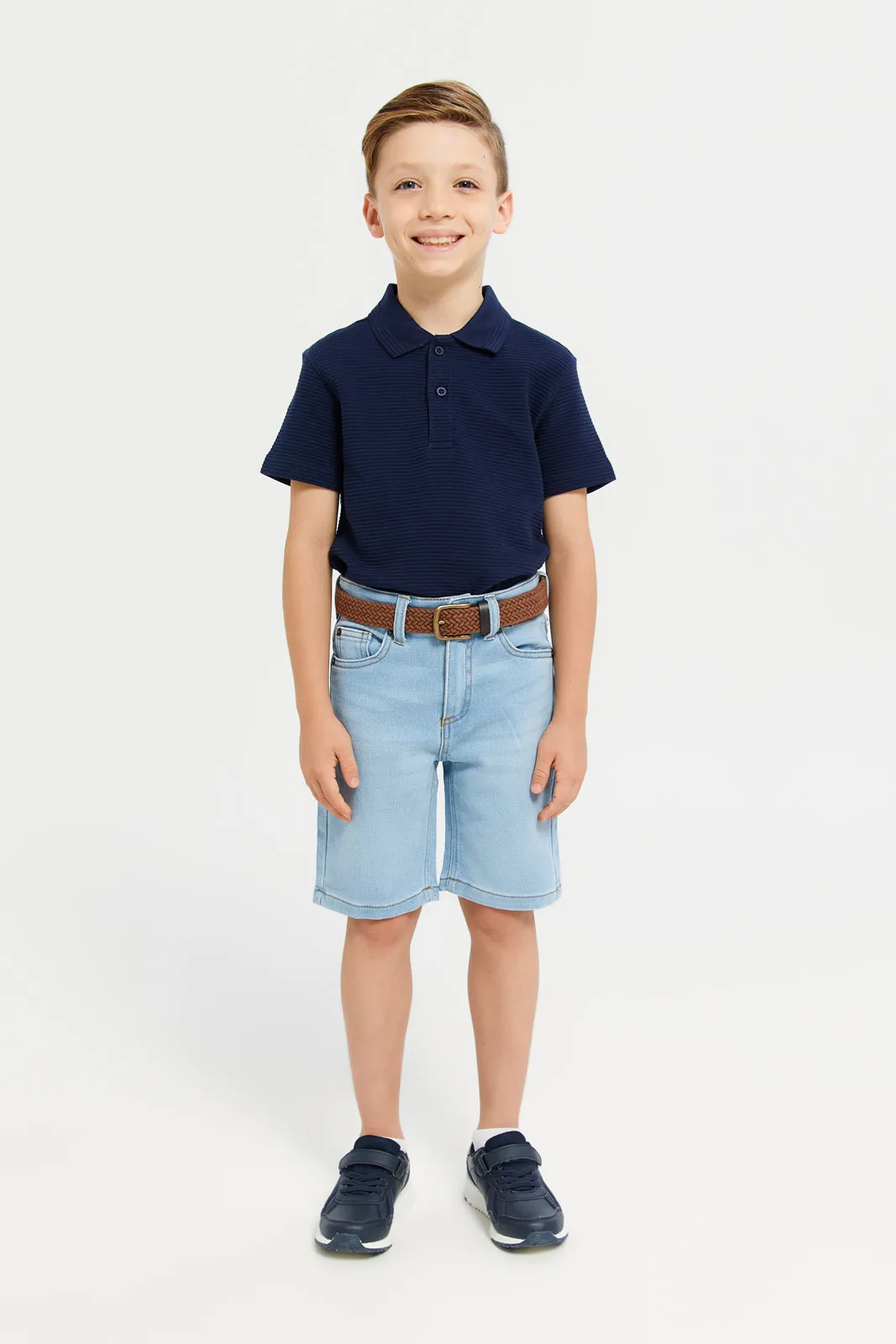 Boys Blue Plain Shorts Braided Belt