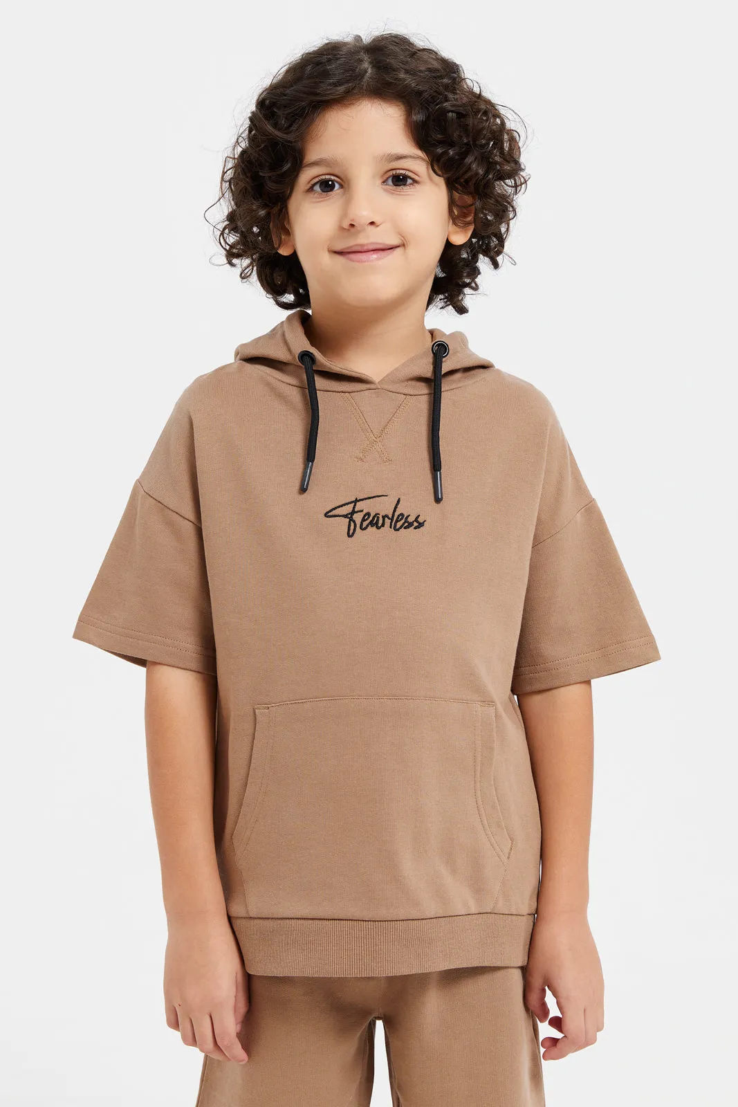 Boys Brown Oversized Hooded T-Shirt With Shorts Set (2 Piece)