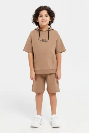 Boys Brown Oversized Hooded T-Shirt With Shorts Set (2 Piece)