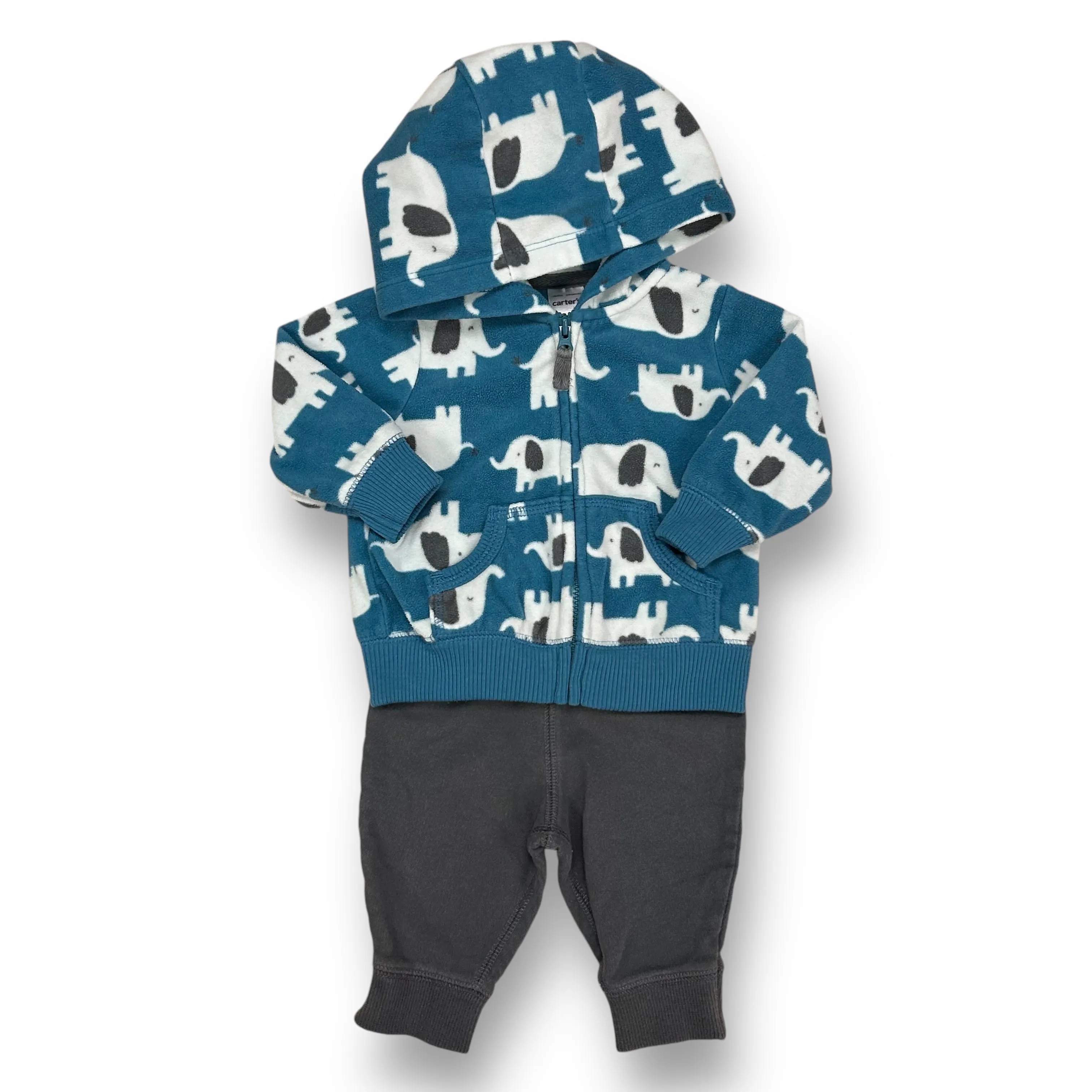 Boys Carter's Size 3 Months Teal & Gray Fleece Elephant Hoodie Outfit