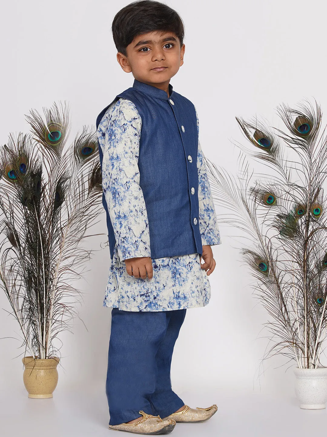 Boy's Denim Nehru Jacket with Marble Kurta and Denim Pants - Denim Blue - Little Bansi Boys