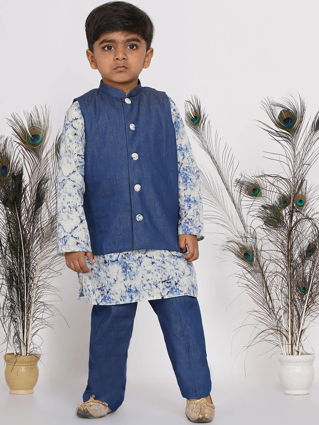 Boy's Denim Nehru Jacket with Marble Kurta and Denim Pants - Denim Blue - Little Bansi Boys