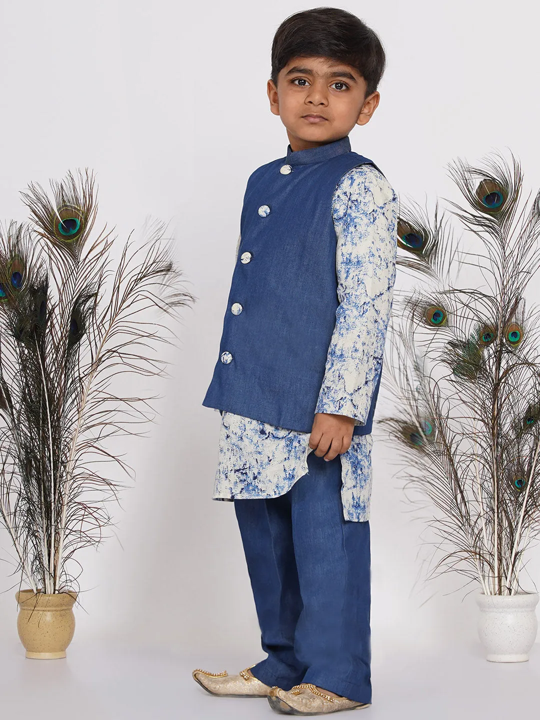 Boy's Denim Nehru Jacket with Marble Kurta and Denim Pants - Denim Blue - Little Bansi Boys