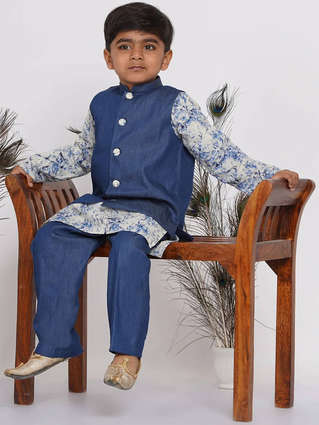 Boy's Denim Nehru Jacket with Marble Kurta and Denim Pants - Denim Blue - Little Bansi Boys