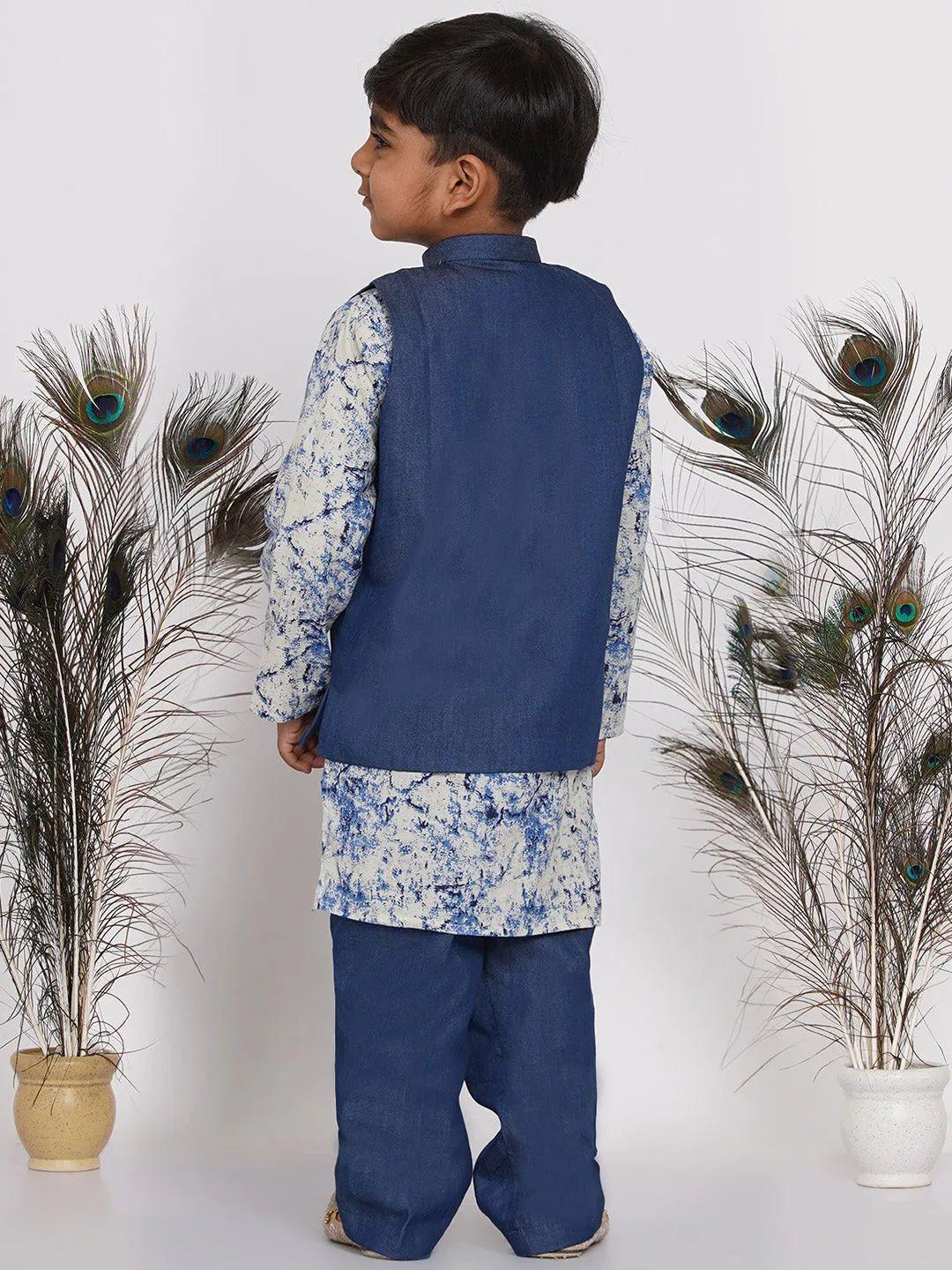 Boy's Denim Nehru Jacket with Marble Kurta and Denim Pants - Denim Blue - Little Bansi Boys