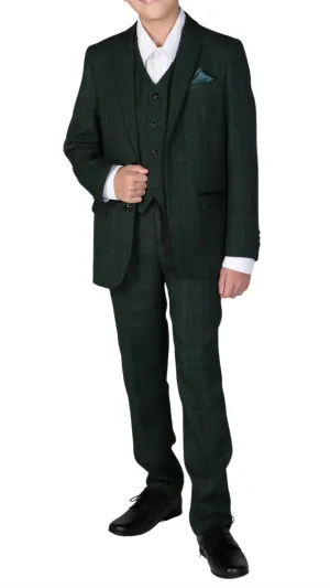 Boys Green 3 Piece Checked Suit