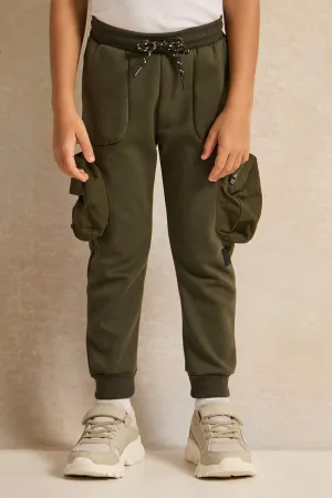 Boys Green Cargo Track Pants