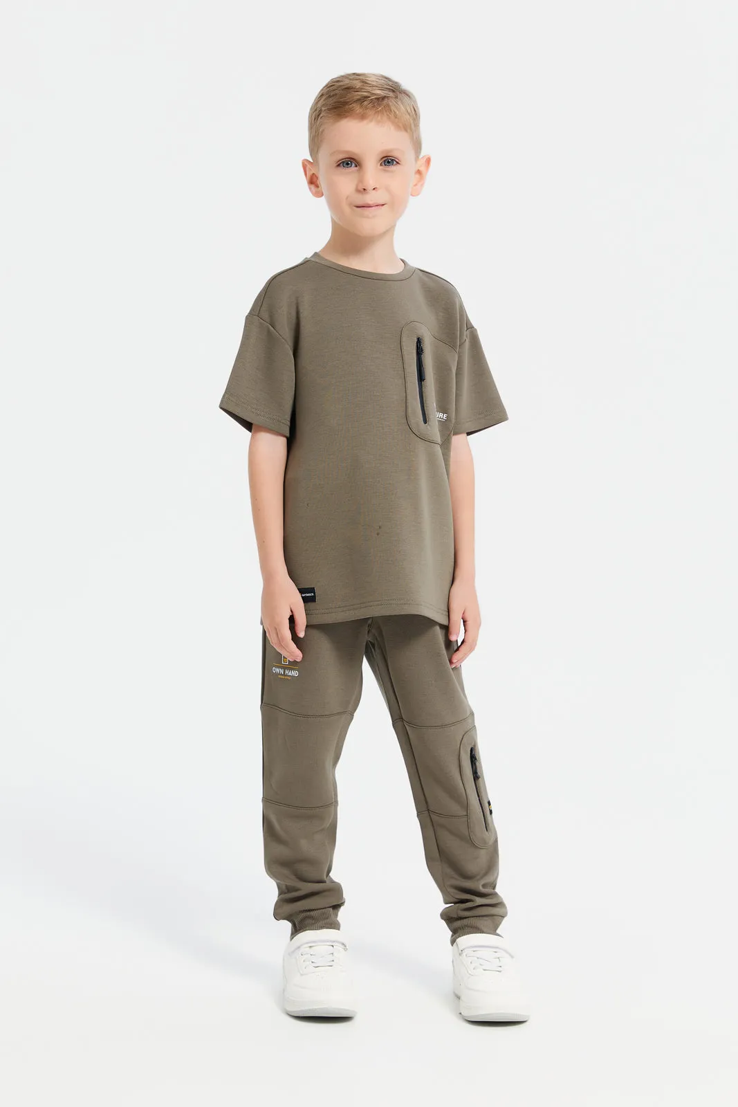 Boys Olive Printed Track Pants