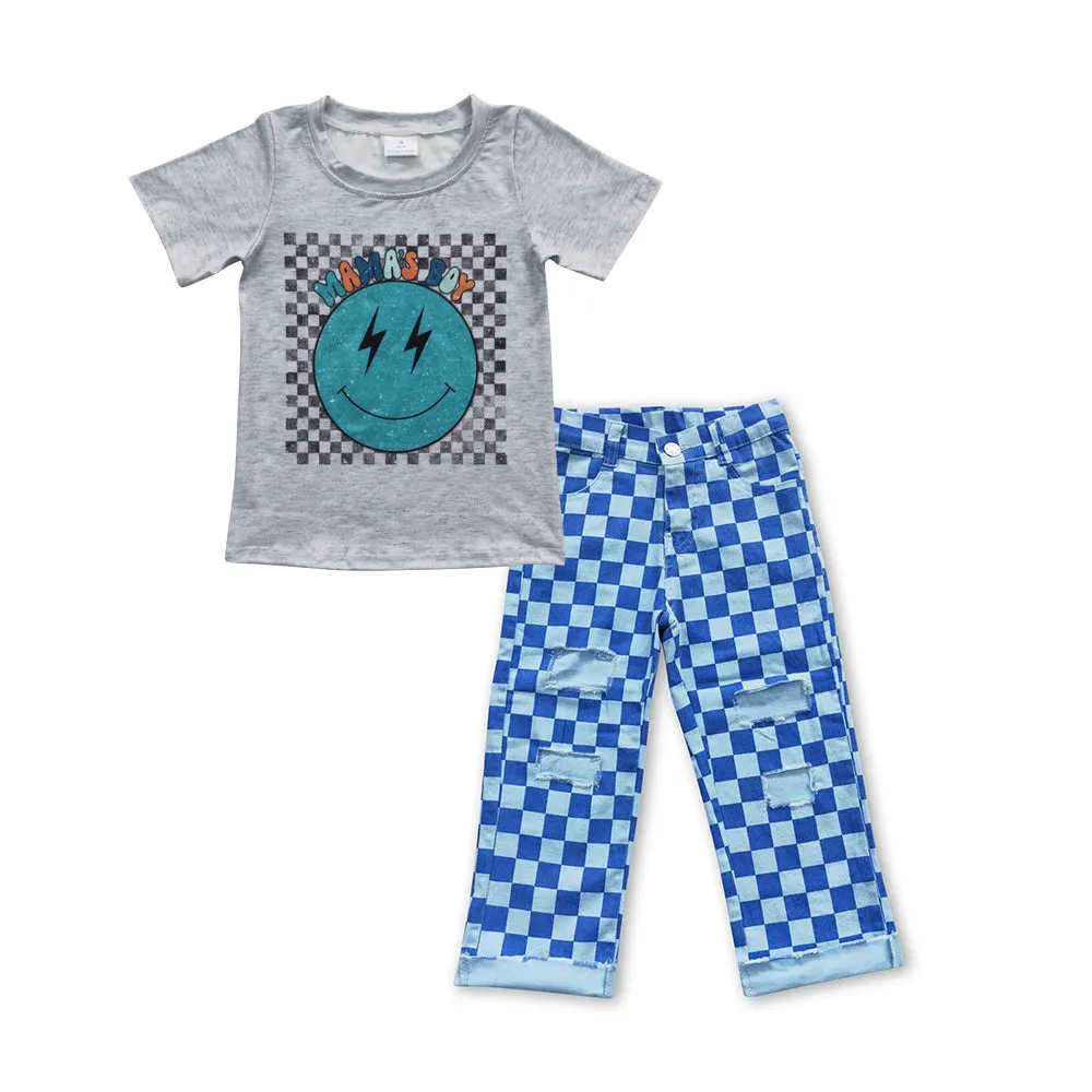 boys smile face T-shirts plaid jeans sets BSPO0113