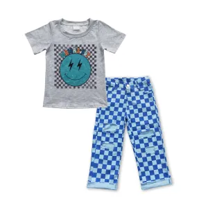 boys smile face T-shirts plaid jeans sets BSPO0113