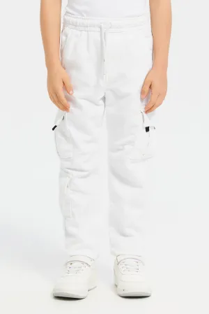 Boys White Cargo Pocket Knitted Denim Joggers