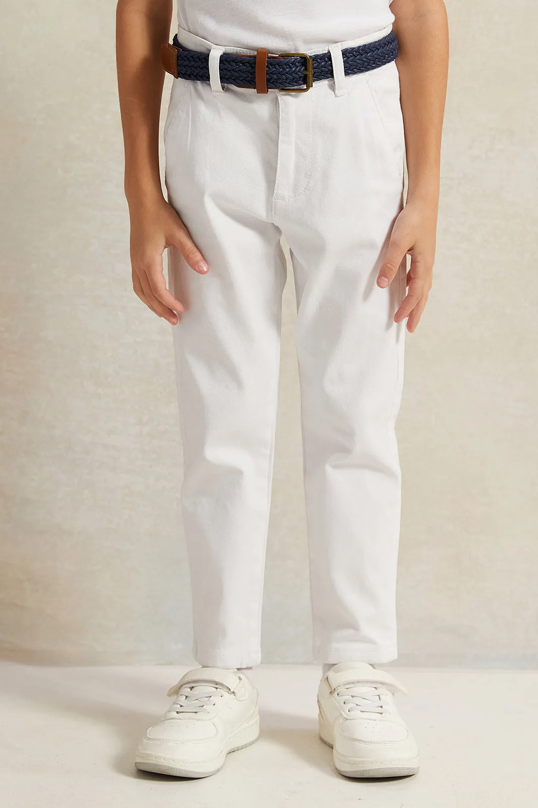 Boys White Dobby Fabric Belted Trouser