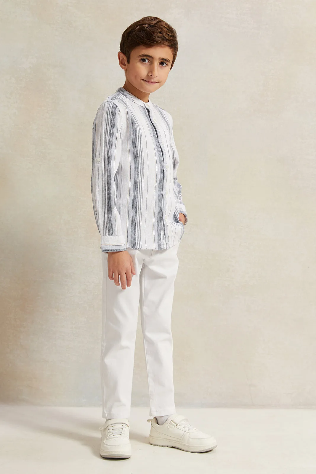 Boys White Dobby Fabric Belted Trouser