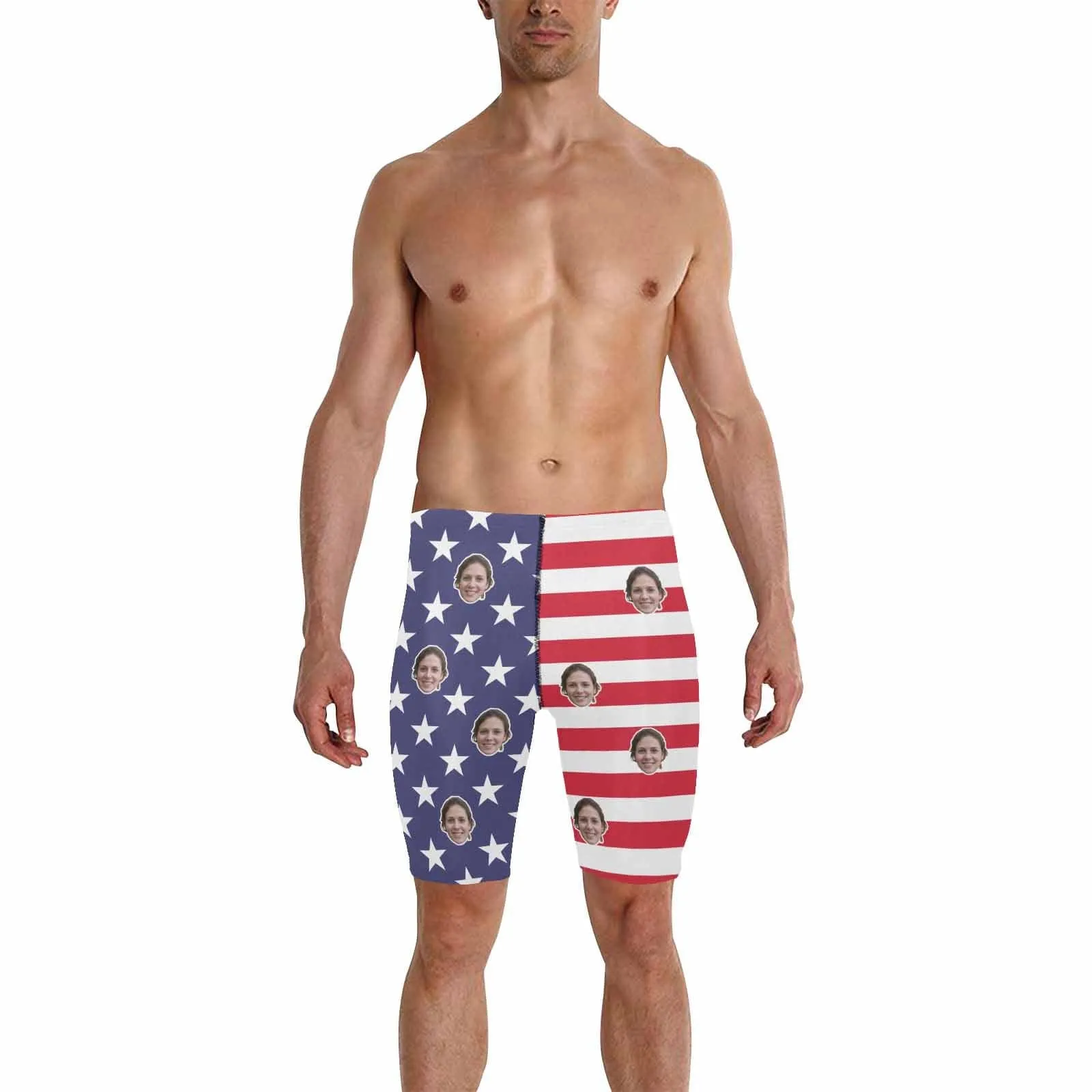 Custom Face American Flag Men's Knee Surf Shorts Rash Guard Swim Trunks Mens Personalized Swimsuit Bathing Suit With Girlfriend's Face on