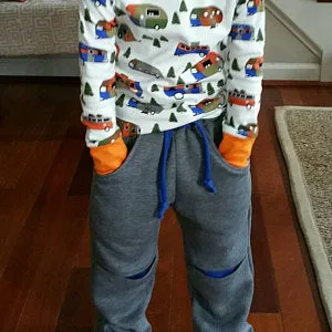 Kids fleece pants PDF sewing pattern ROSCOE PANTS boys & girls sizes 2 to 12 years.