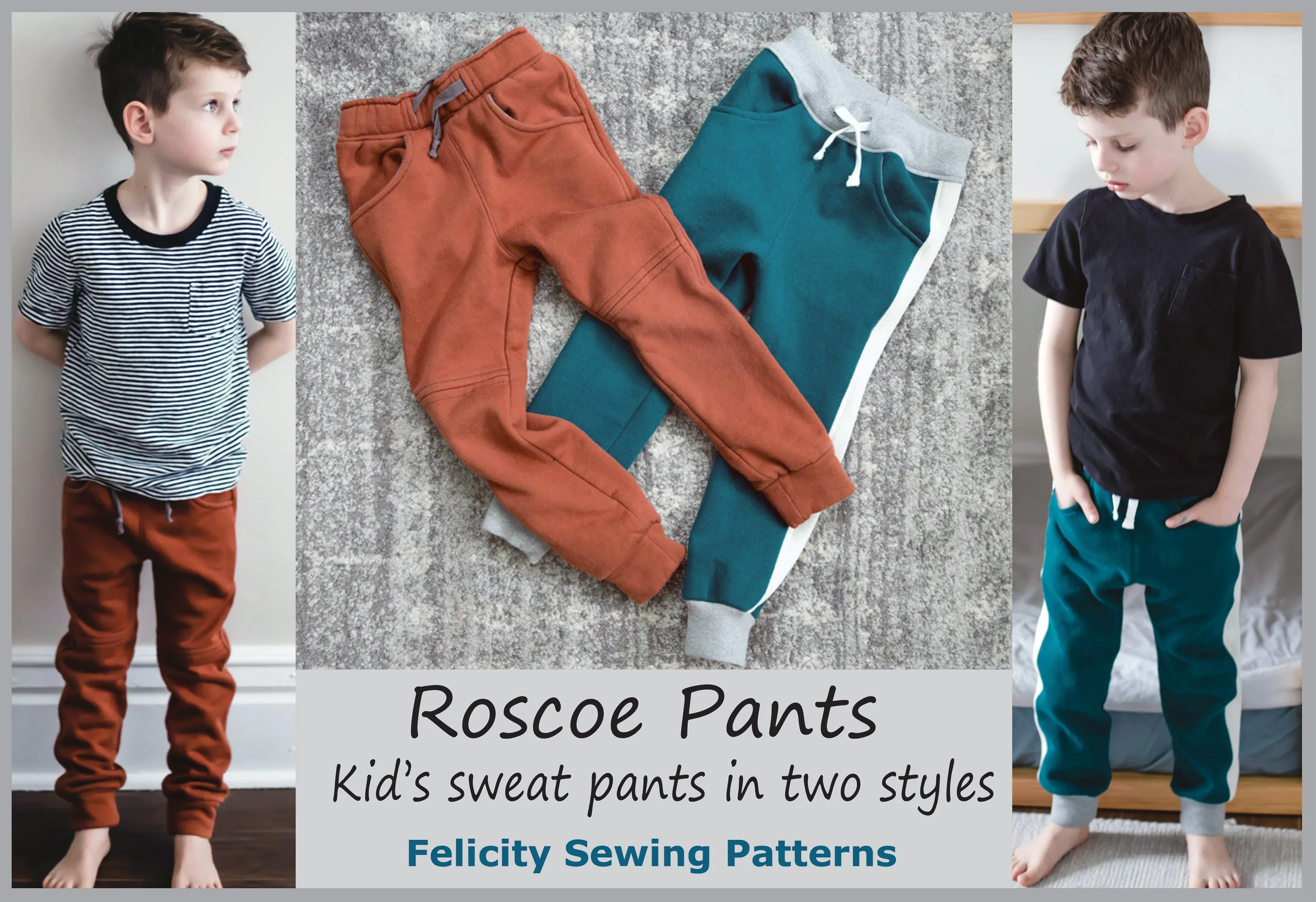 Kids fleece pants PDF sewing pattern ROSCOE PANTS boys & girls sizes 2 to 12 years.