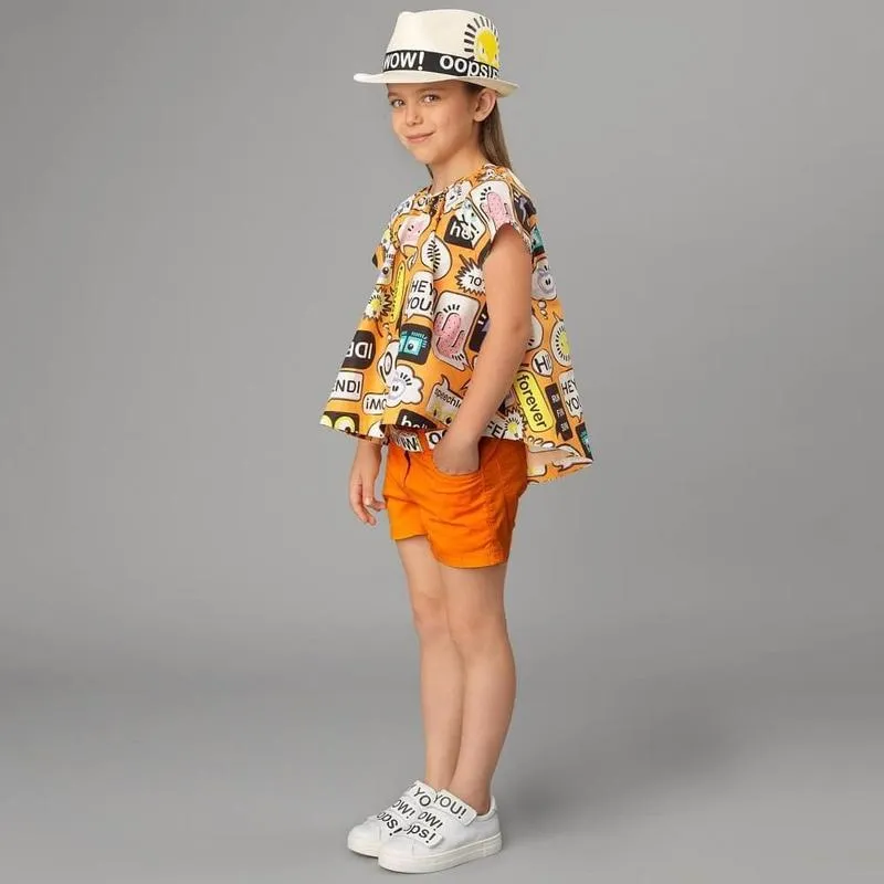 Kids Girls Orange Stretch Cotton Denim Shorts