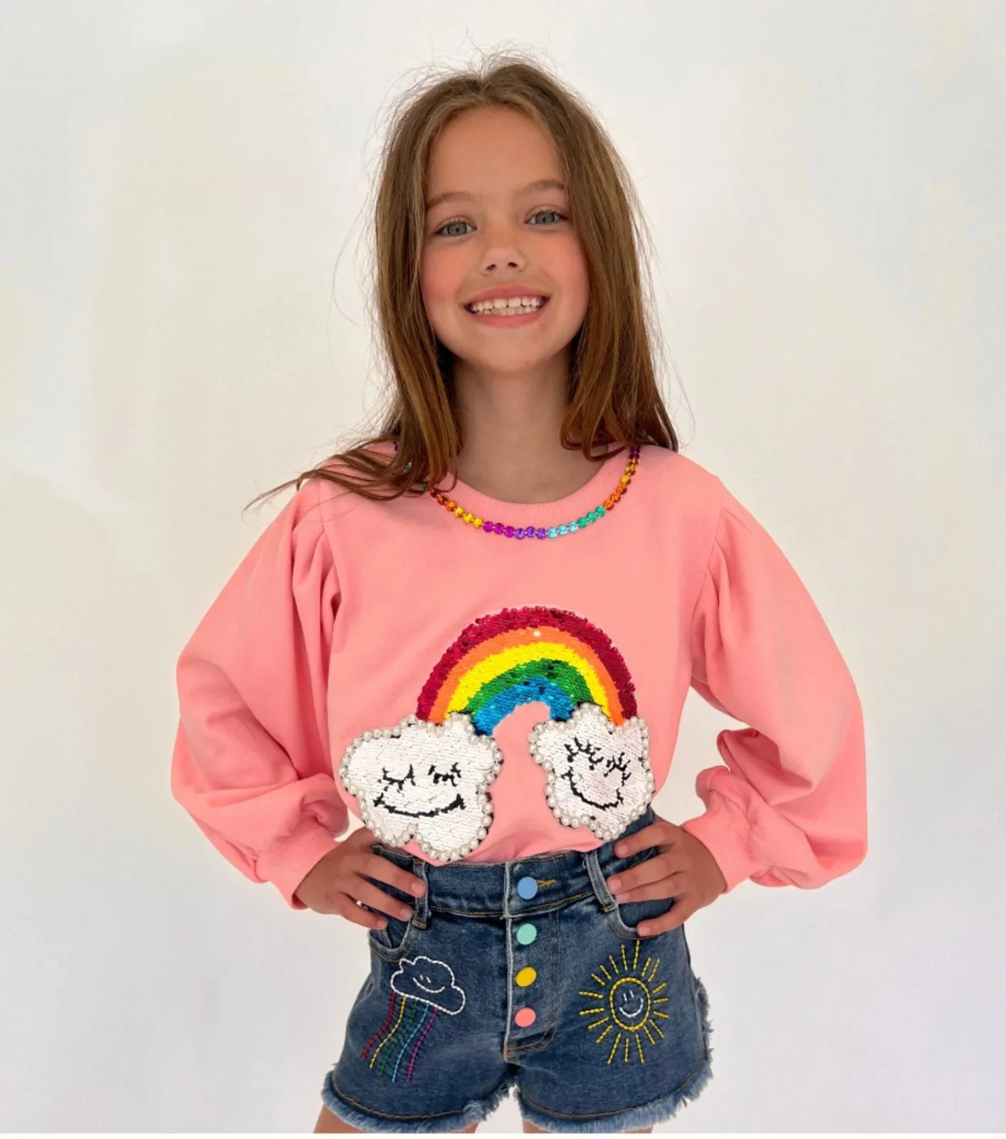 Lola and The Boys Embroidered Rainbow Denim Shorts