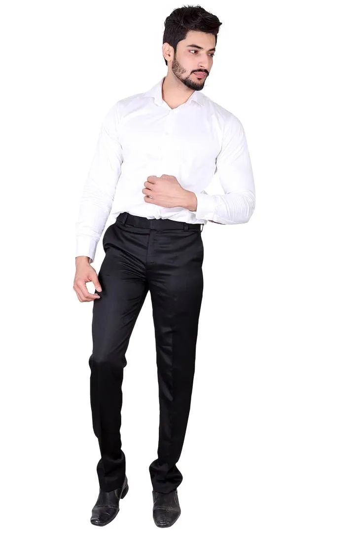 Men's Black Polyester Blend Solid Mid-Rise Formal Trouser