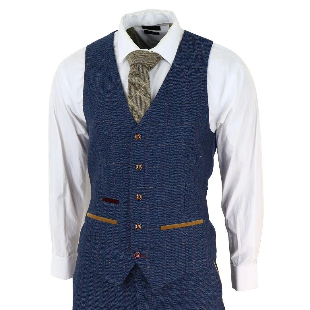 Mens Blue 3 Piece Suit Herringbone Tweed Checked Formal Dress Suits