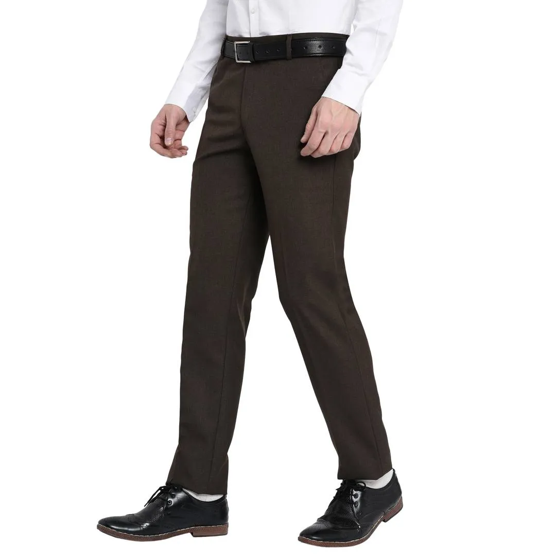 Men's Brown Polyester Blend Solid Mid-Rise Formal Trouser