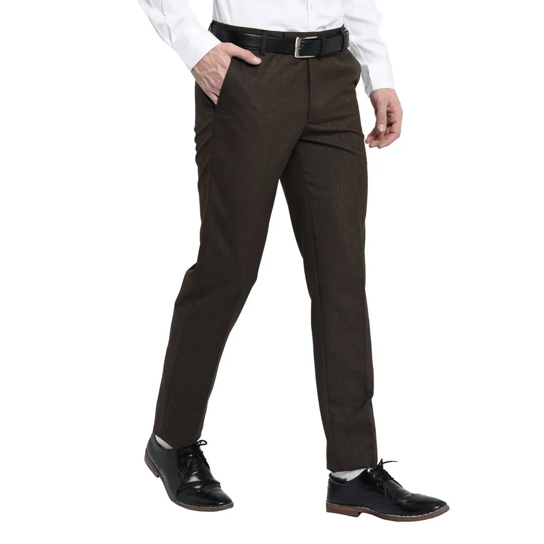 Men's Brown Polyester Blend Solid Mid-Rise Formal Trouser