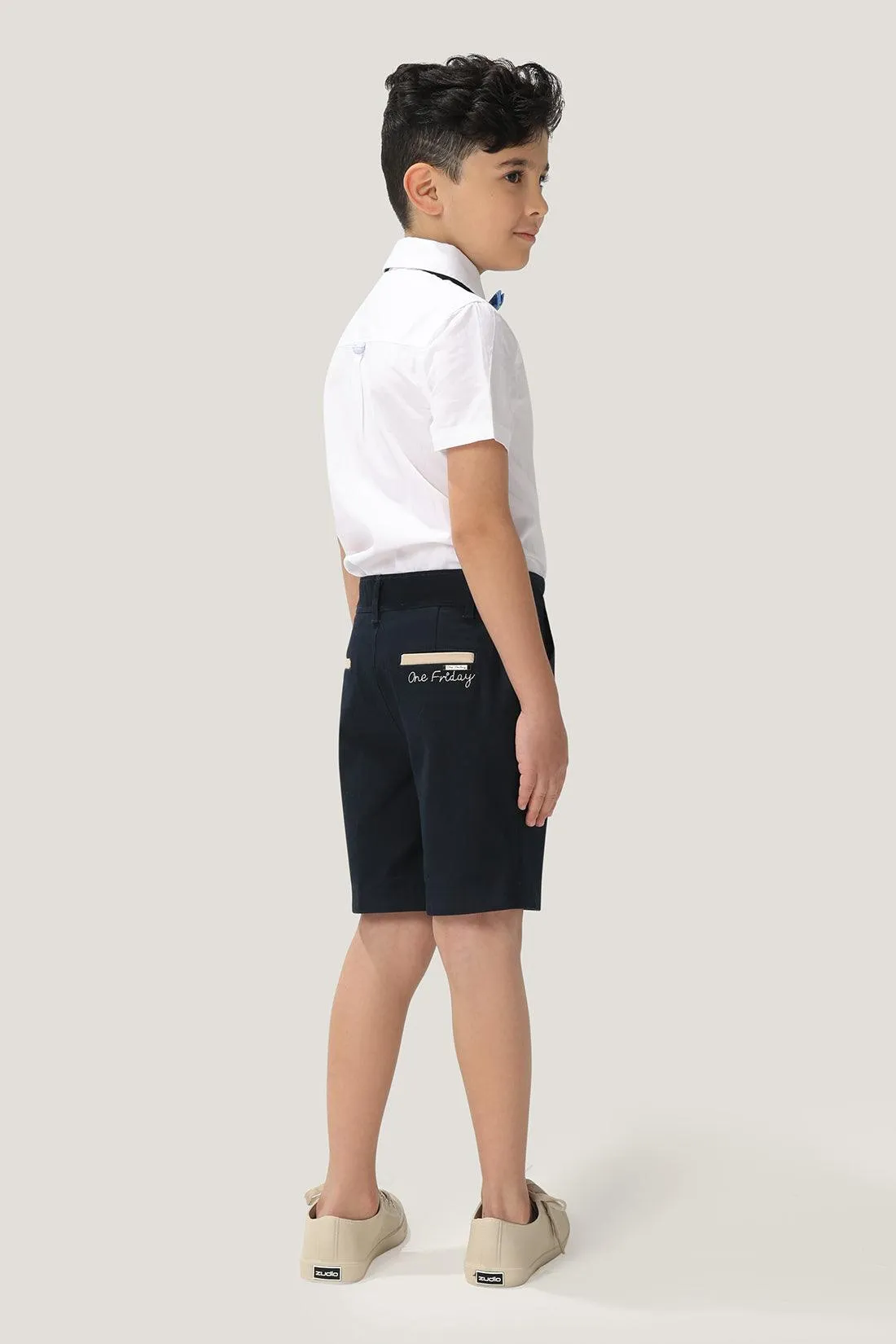 One Friday Kids Boys Navy Blue Stretchable Cotton Embroidered Shorts With Pockets