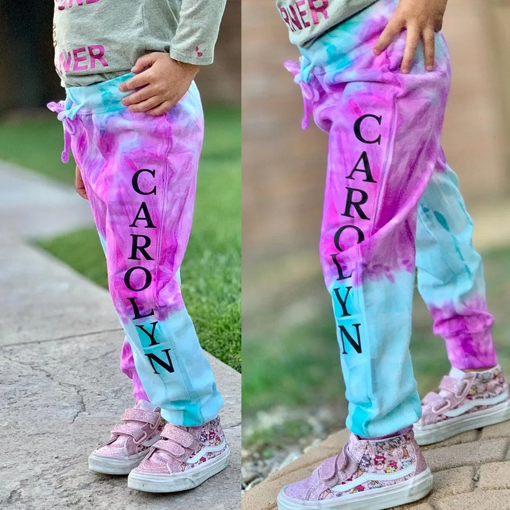 Personalized Neon Tie Dye Fleece Jogger Pants - Aqua/Pink