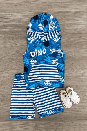 "Dino" Striped Sleeveless Hoodie Short Set