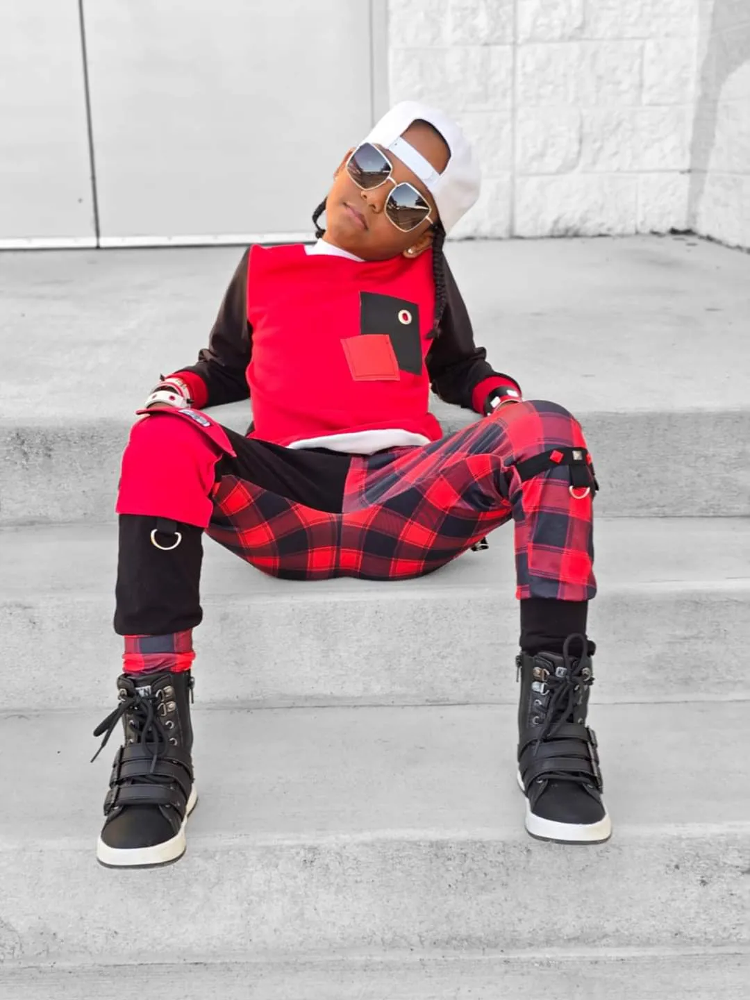 Red and Black Plaid Collab Jogger  Pants with straps ,unisex boys girls