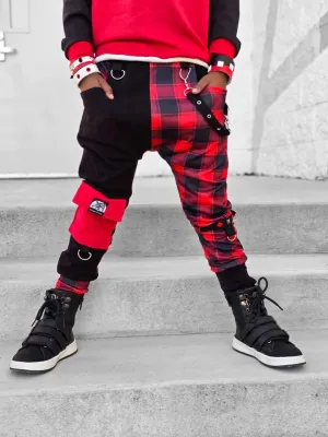 Red and Black Plaid Collab Jogger  Pants with straps ,unisex boys girls