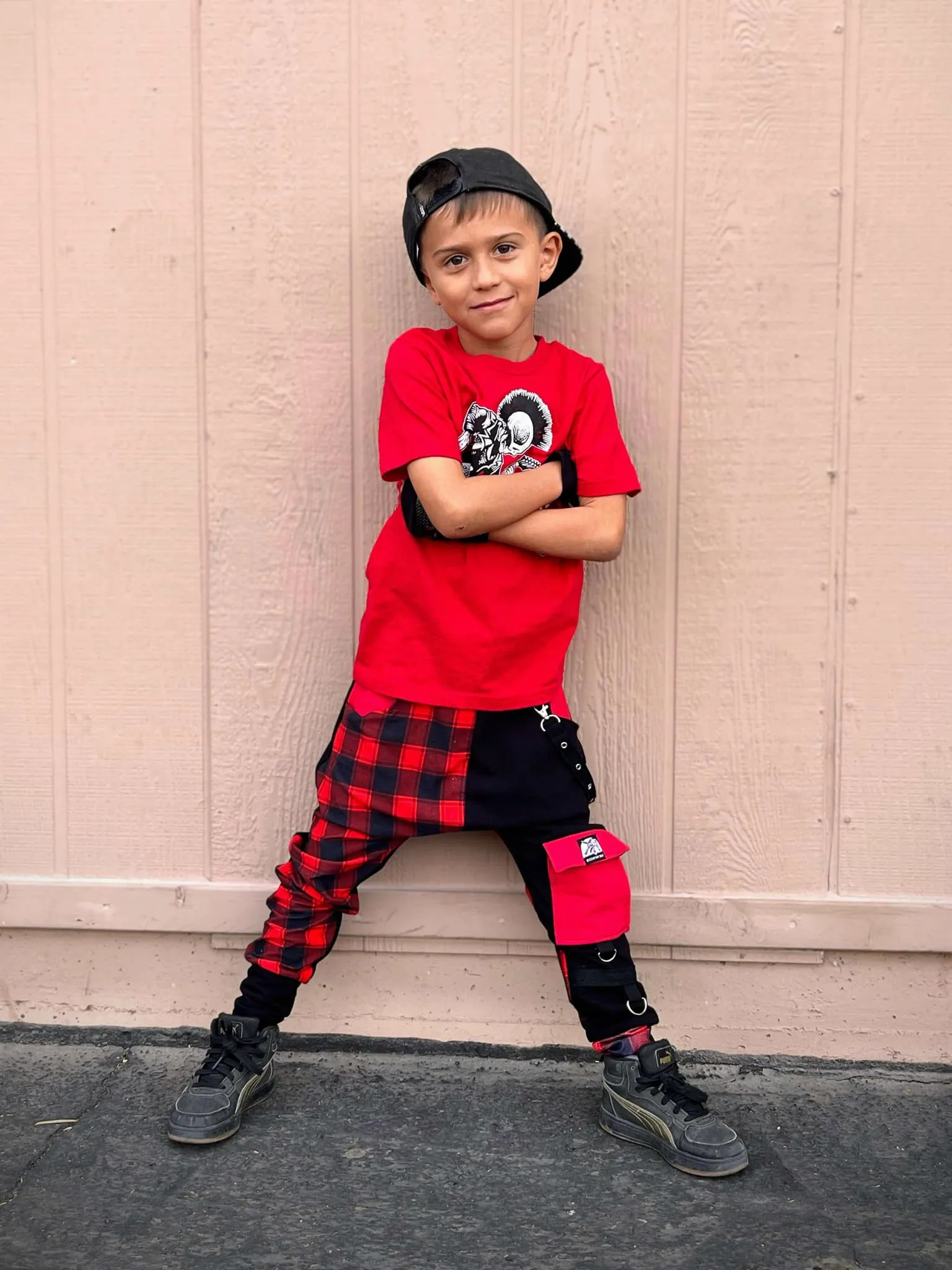 Red and Black Plaid Collab Jogger  Pants with straps ,unisex boys girls