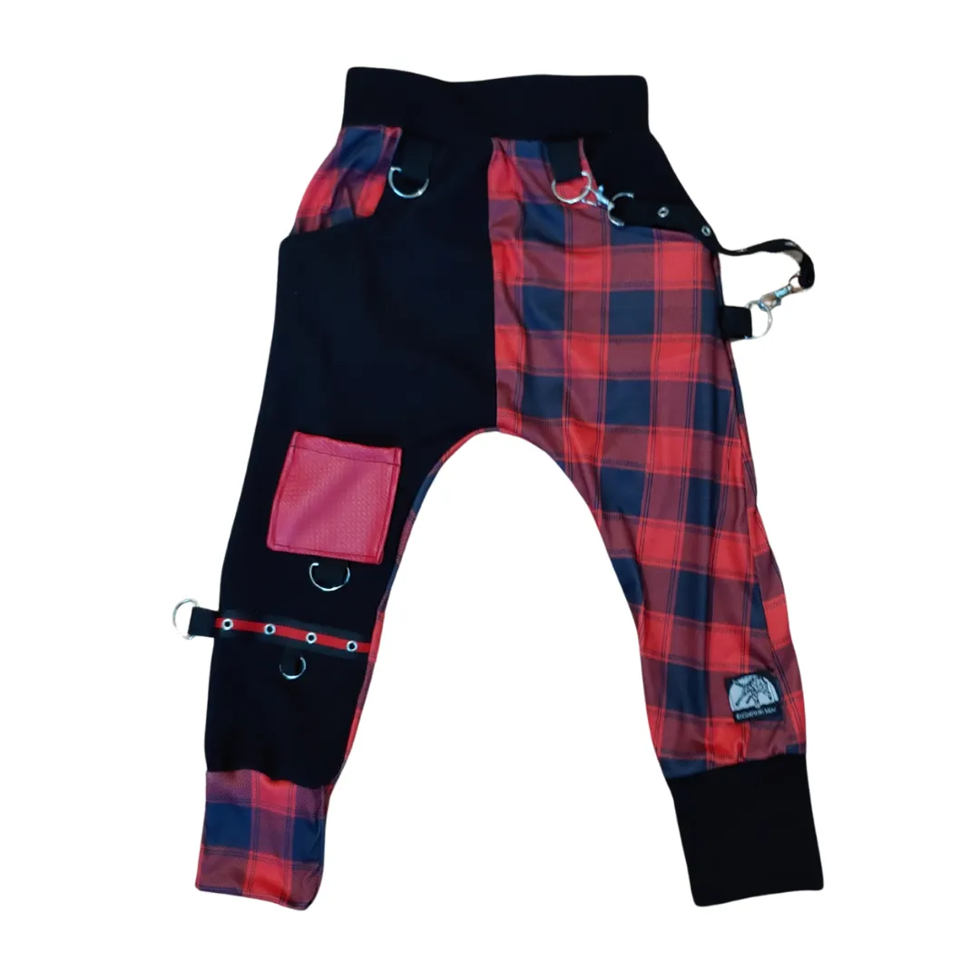 Red and Black Plaid Collab Jogger  Pants with straps ,unisex boys girls