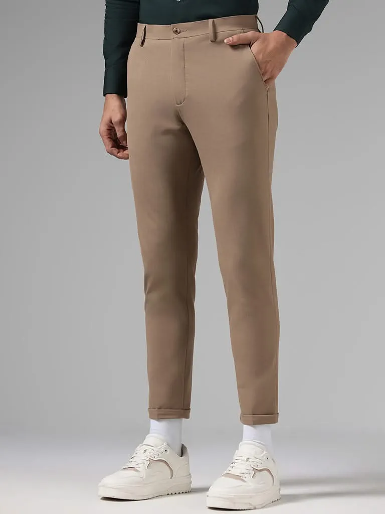 WES Formals Solid Dark Khaki Slim-Fit Mid-Rise Trousers